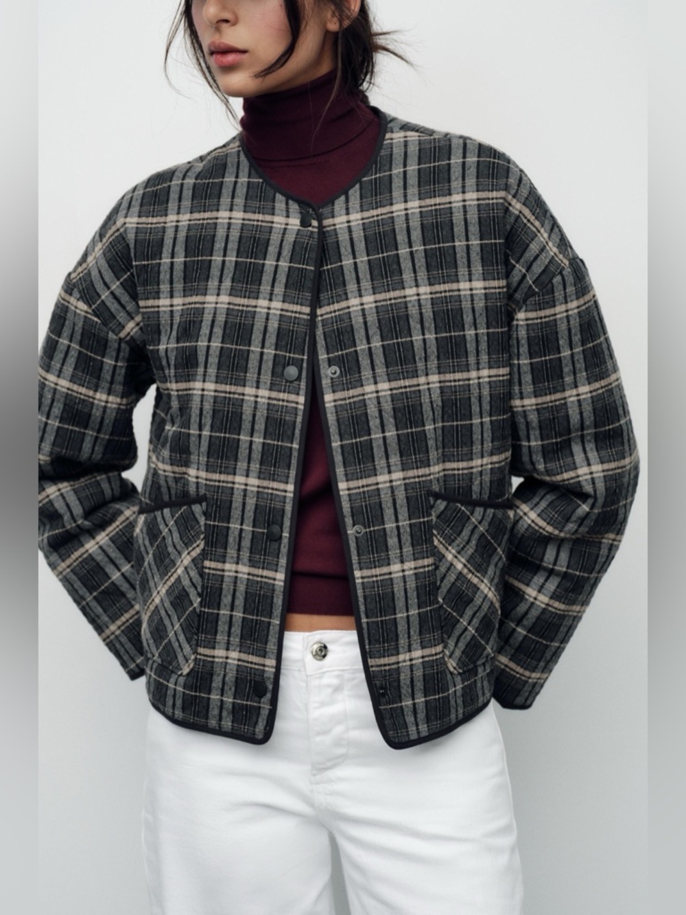 Zara Gray Plaid Bomber Jacket